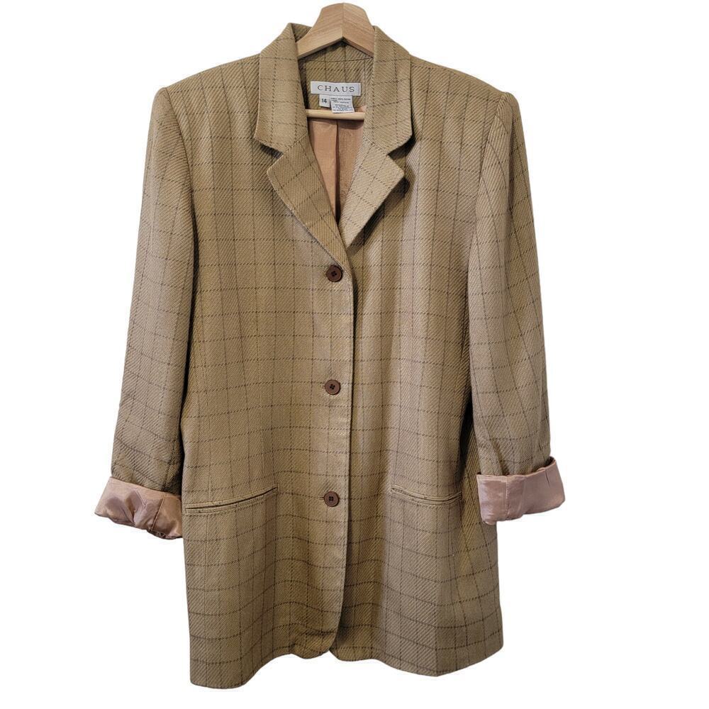 Old Money Vintage Oversized Jacket Blazer Suit Coat Checkered Pattern Women's 14